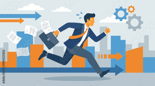 Business rush a determined man races against time with rising charts and gears symbolizing progress and productivity