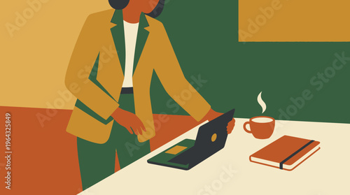 Professional Woman Working on Laptop at Desk with Coffee and Notebook