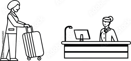 Minimalist hotel reception line art vector, traveler with suitcase checking in at front desk, hospitality service illustration for travel websites