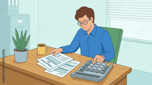 Focused professional performing financial calculations and reviewing documents at an office desk, ensuring precise budgeting and efficient financial planning for business