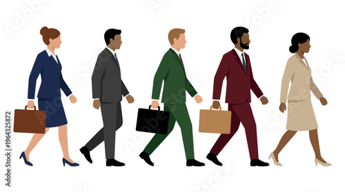 A diverse group of business professionals walking in unison, symbolizing teamwork and corporate advancement