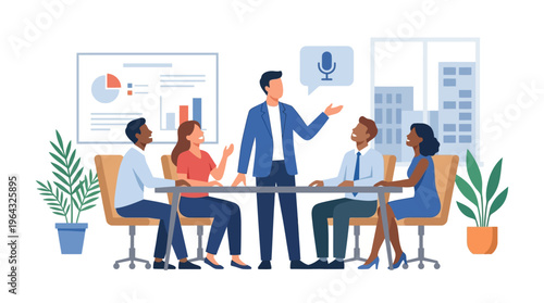 Dynamic diverse business team collaborating in a modern office, with a leader presenting innovative ideas and fostering effective communication during a strategic discussion