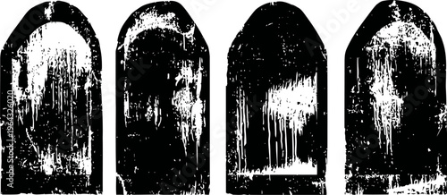 Set of four old grave tombstones, weathered and worn vintage cemetery monuments