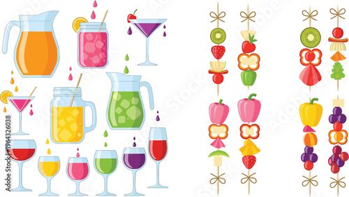 Colorful drinks and fruit skewers collection with cocktails juice wine and healthy snacks illustration set