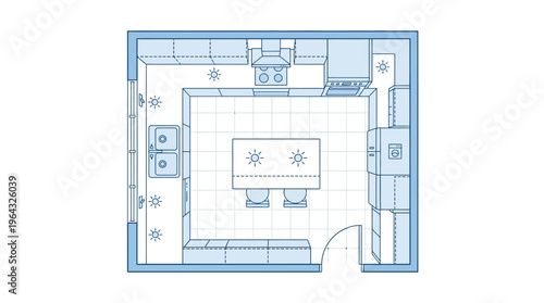 Modern Kitchen Floor Plan Layout with Island, Minimalist Architectural Blueprint Illustration in Blue Lines