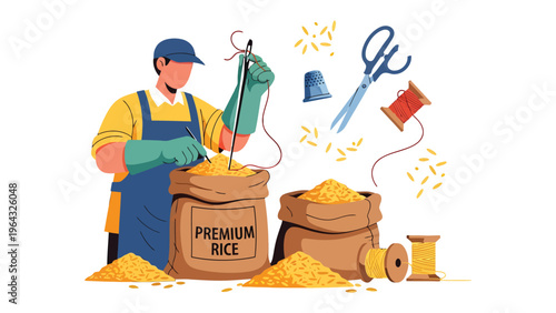 The Artisan and His Craft: A skilled artisan meticulously works on a sack of premium rice, the embodiment of quality craftsmanship and dedication to detail.