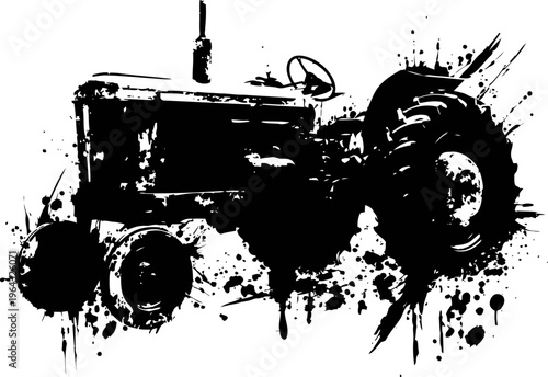 vintage tractor silhouette with paint splatter design, agricultural farming machinery concept