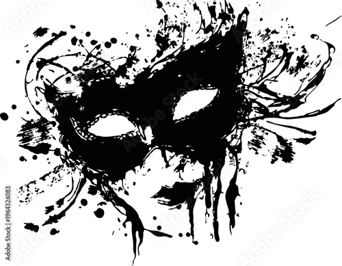 Abstract black ink mask design with splashes and dripping paint effect
