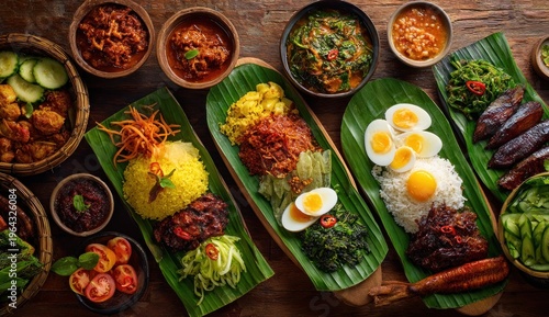 Traditional Southeast Asian Cuisine on Banana Leaves.