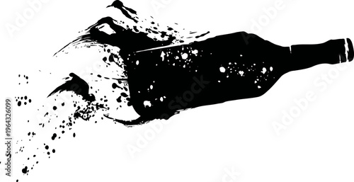 dark wine bottle with splash and liquid droplets isolated on white background