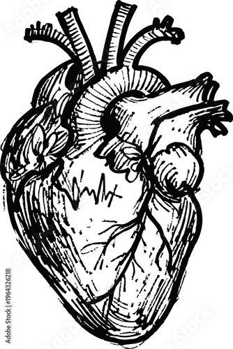 Detailed anatomical human heart illustration with veins arteries and heartbeats sketch