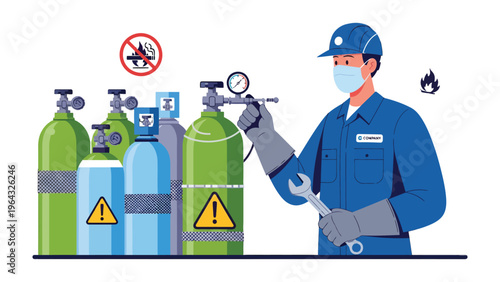 Safety Checks in the Industrial Zone: An industrial worker meticulously inspects a bank of high-pressure gas cylinders, ensuring safety in a potentially hazardous environment.