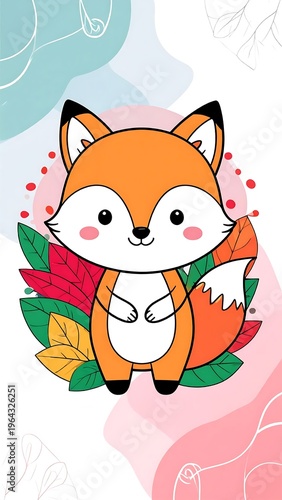 Cute Fox Illustration with Autumn Leaves and Pastel Background.