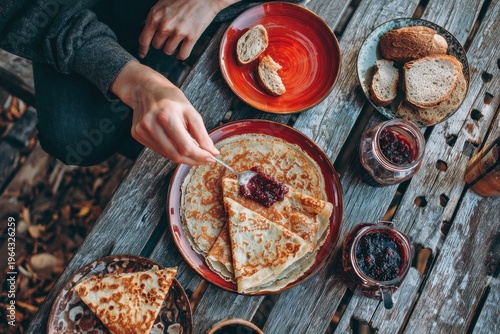 Person enjoying pancakes with fruit topping.