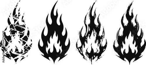set of four black flame icons with varied grunge and solid styles, fire design elements