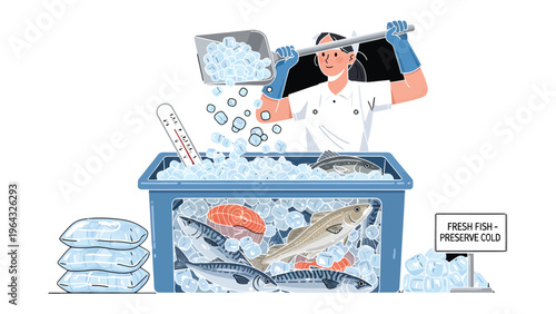 Fresh Catch: Preserving Perfection: A diligent individual carefully places a fresh catch on ice in an industrial setting, ensuring optimal preservation and freshness of the product. 