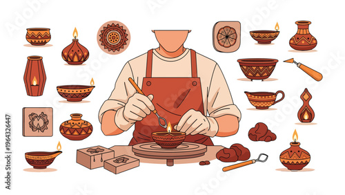 Artisan Crafting Clay Vessels: A skilled artisan meticulously works on a clay vessel, surrounded by various pottery pieces and tools, showcasing the art of traditional craftsmanship.