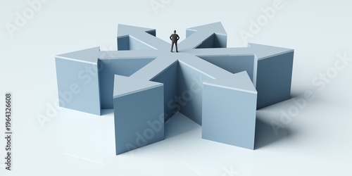 Business man standing in the middle of multiple arrows, decision, direction or challenge concept on blue background