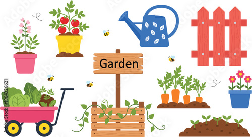 Gardening illustration set with plants watering can wheelbarrow fence vegetables and garden elements collection