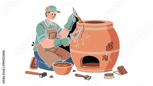Restoration: A skilled artisan meticulously repairs a damaged pottery kiln. The scene evokes a sense of care and craftsmanship.