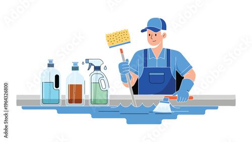 Custodian in Action: A dedicated custodian, equipped with cleaning supplies, meticulously sanitizes a surface, embodying cleanliness and hygiene.