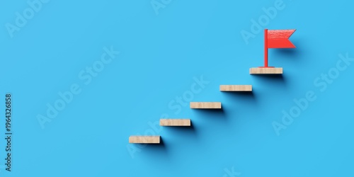 Wooden steps leading to red flag target or goal on blue background, business goal or target achievement concept