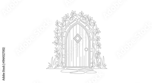 Whimsical Garden Doorway Archway with Vines and Stone Path