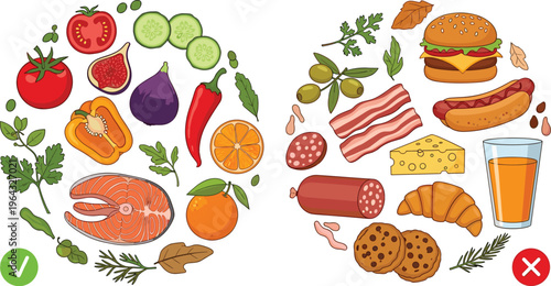 Healthy and unhealthy food comparison with vegetables fruits fish burger bacon and snacks illustration collection
