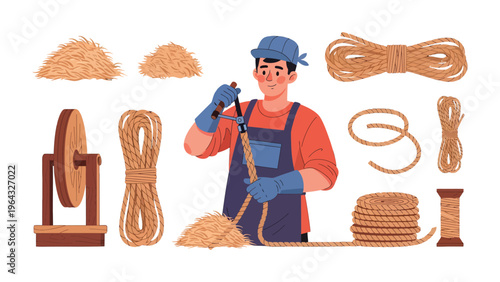Rope Maker at Work: A skilled craftsman meticulously crafts sturdy ropes, surrounded by his tools and materials, embodying the essence of traditional craftsmanship and the art of rope-making.