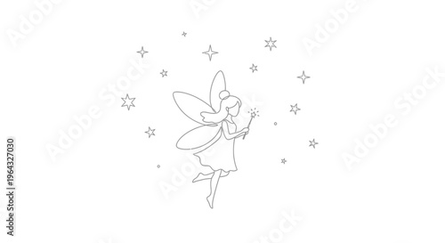 Whimsical Fairy with Wand and Stars, Outline Illustration