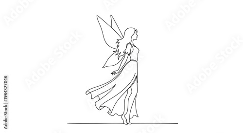Elegant Fairy Line Art Drawing, Whimsical Fantasy Creature, Simple Ethereal Design