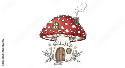 Whimsical Mushroom House with Smoke from Chimney, Fairy Tale Home Illustration
