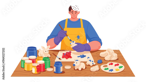 Creative Painter: A dedicated artist, absorbed in his craft, meticulously paints a small figurine amidst a colorful array of artistic supplies, showcasing the beauty of the creative process.