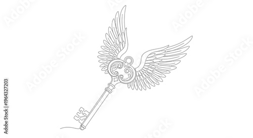 Winged Key Outline, Vintage Skeleton Key with Angel Wings, Fantasy Unlock Symbol