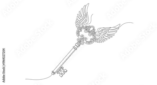 Vintage Winged Key Line Art Drawing