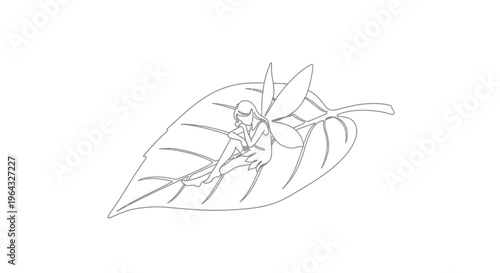 Fairy sitting on a leaf, delicate line art, fantasy, nature illustration