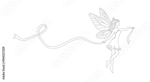 Whimsical Fairy with Flowing Ribbon - Delicate Outline Illustration
