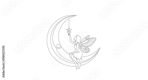 Whimsical Fairy Sitting on Crescent Moon, Reaching for Star