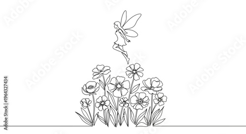 Fairy Flying Over Delicate Flower Garden - Line Art Illustration