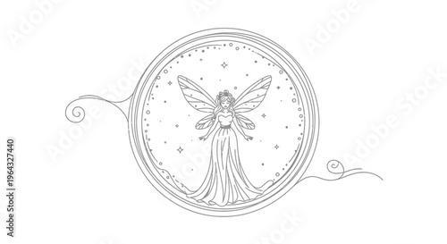 Whimsical Fairy in Circular Frame, Delicate Line Art Illustration