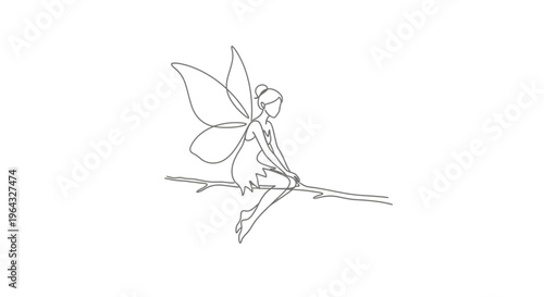 Fairy Sitting on Branch, Elegant Line Art Illustration, Whimsical Fantasy Creature