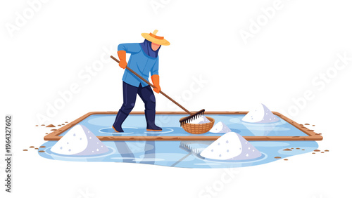 Salt Farmer Harvesting: An illustration depicting a salt farmer carefully harvesting salt. The farmer is wearing a hat and using a rake. The image presents salt ponds and farmer harvesting salt. 