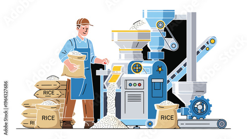 Rice Processing Automation: An illustration captures a worker in an industrial environment, overseeing the automated process of rice production, highlighting precision and efficiency.