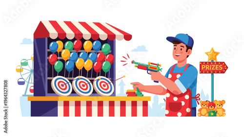 Carnival Shooter: An animated scene of a carnival game, a cheerful attendant holding a colorful water gun, aiming at balloons and targets with prizes displayed in the background, a playful atmosphere.