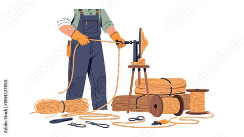 Crafting Craftsmanship: A skilled artisan meticulously works on a rope-making machine, demonstrating traditional skill and artistry. The image evokes a sense of manual dexterity and heritage.
