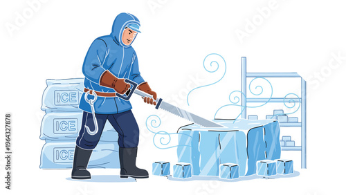 Ice Artisan at Work: An ice artisan, bundled against the cold, meticulously cuts a large block of ice with a specialized saw. Witness the artistry and precision of this cold craft.