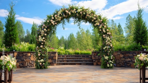 A floral archway adorned with greenery sits in a serene outdoor setting under a clear blue sky