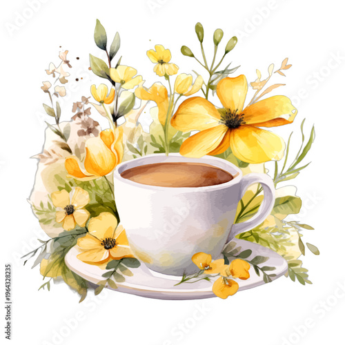 Watercolor Coffee Cup with Yellow Wildflowers and Spring Botanical Greenery Clipart