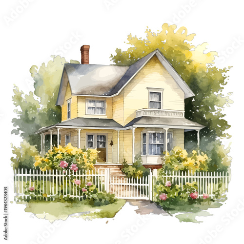 Watercolor Yellow Victorian Farmhouse with White Picket Fence and Summer Garden Clipart