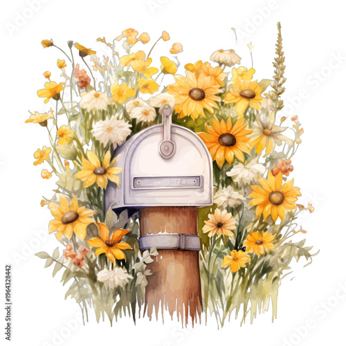 Watercolor Vintage Mailbox with Yellow Wildflowers and Summer Meadow Clipart
